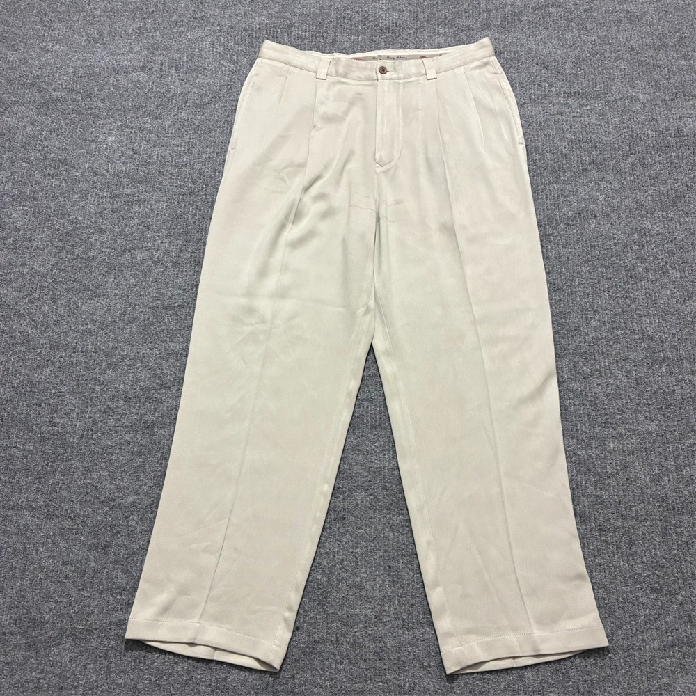 Tommy Bahama Mens Dress Pants Size 34 Beige 100% Silk Pleated Front High Rise